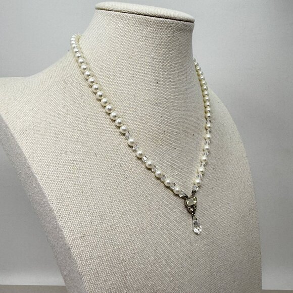 Vintage Faceted Crystal Bead Necklace‎ Faux Pearl Silver-Tone Classic Elegant - Picture 4 of 8